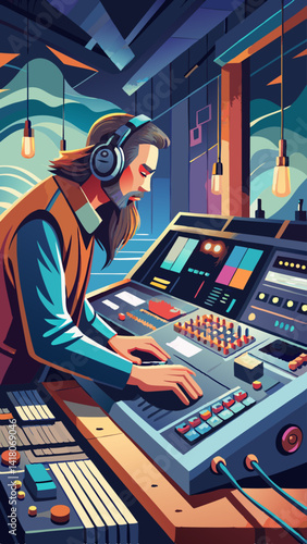 A man is working on a computer with a headset on. He is wearing sunglasses and is sitting in front of a computer monitor. Concept of focus and concentration as the man works on his computer