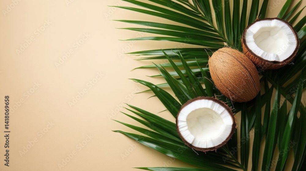 Tropical Coconuts and Palm Leaves on Beige Background Tropical Coconuts and Palm Leaves on Beige Background