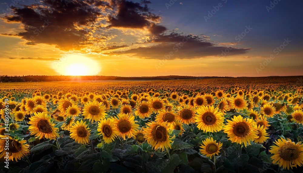 Obraz premium Yellow sunflowers on the sunset at sunset