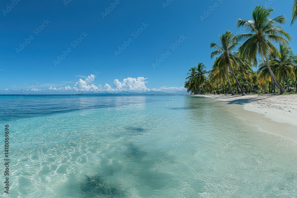 Fototapeta premium Palm trees sway on a beach with crystal-clear water.
