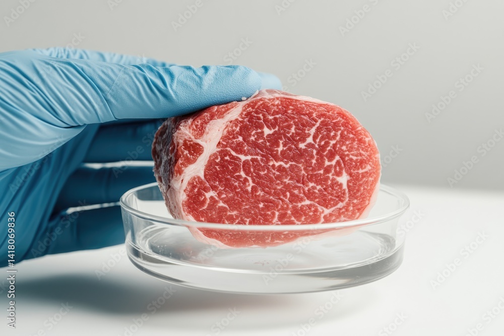 Lab-grown Meat Slice Held in Petri Dish Exhibits Modern Food Innovation in Laboratory Setting Lab-grown Meat Slice Held in Petri Dish Exhibits Modern Food Innovation in Laboratory Setting