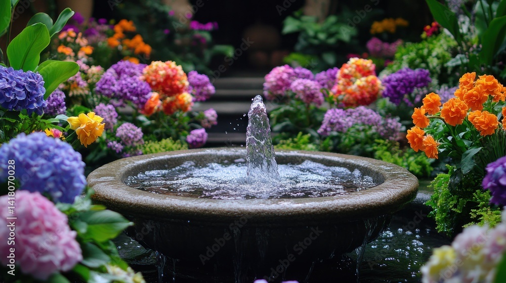 Colorful flower garden fountain splashing water Colorful flower garden fountain splashing water