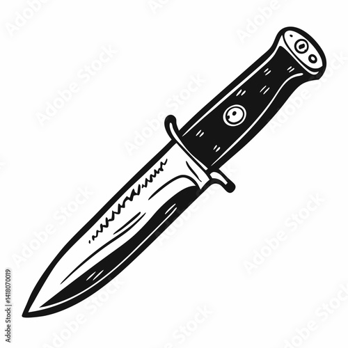 Vintage Hunting Knife Illustration with Detailed Black and White Design