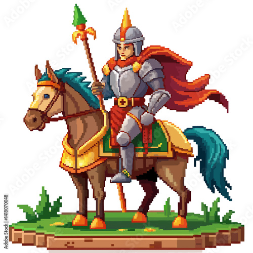 Pixel Art Medieval Knight on Horseback with Armor and Red Cape