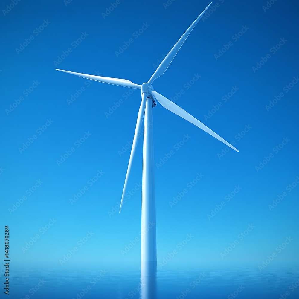 A large white wind turbine stands tall against a blue background A large white wind turbine stands tall against a blue background