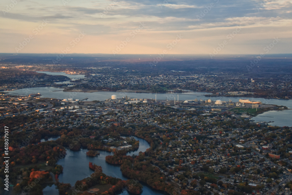 Providence, Rhode Island, fall at sunset from Airplane, Aerial, Downtown USA city skyline on the Providence River.