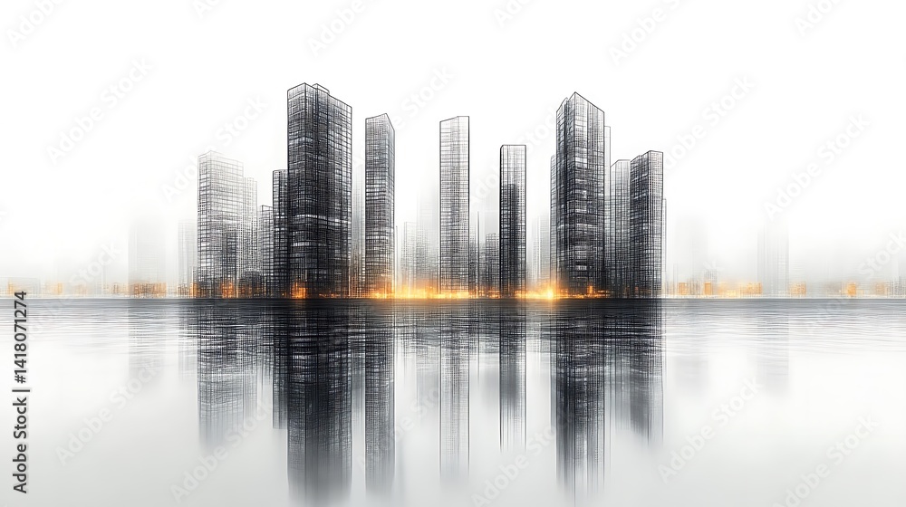 Architectural Skyscrapers Reflected In Water With Golden Lighting Effects Architectural Skyscrapers Reflected In Water With Golden Lighting Effects