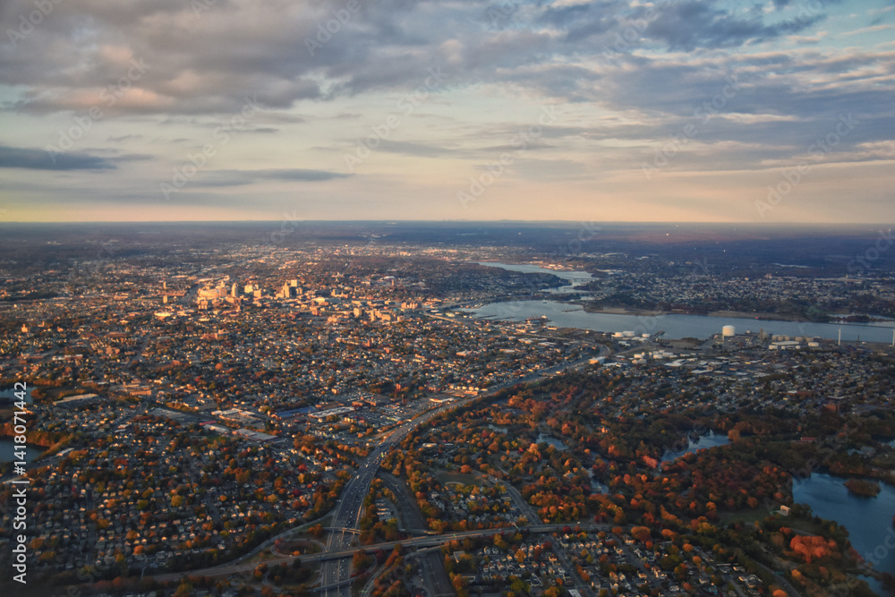 Providence, Rhode Island, fall at sunset from Airplane, Aerial, Downtown USA city skyline on the Providence River.