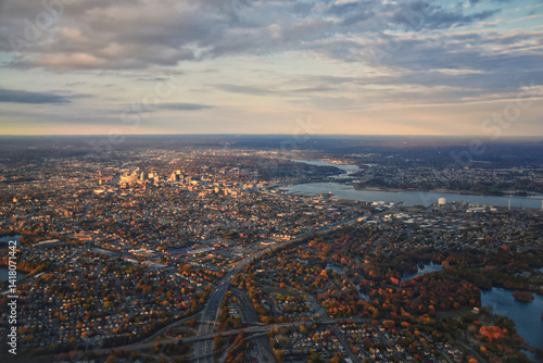 Obraz na płótnie Providence, Rhode Island, fall at sunset from Airplane, Aerial, Downtown USA city skyline on the Providence River. w salonie