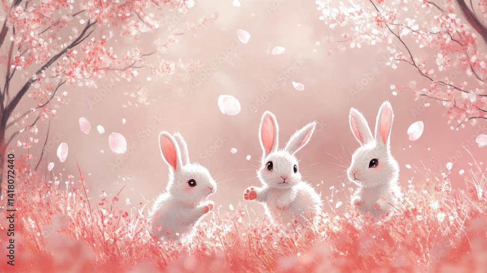 Obraz premium Three White Rabbits in a Pink Cherry Blossom Garden