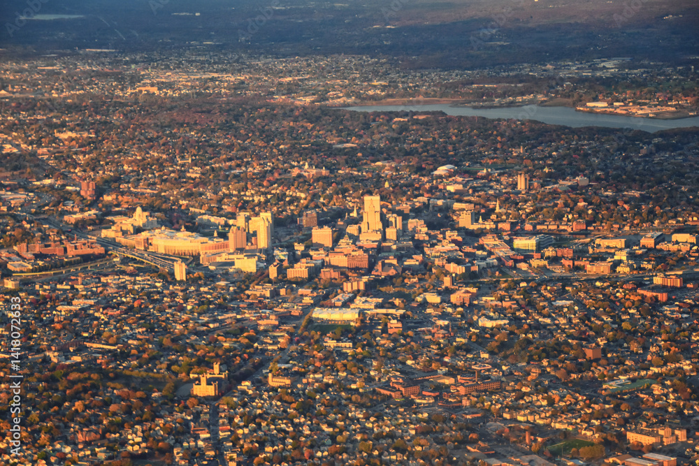 Providence, Rhode Island, fall at sunset from Airplane, Aerial, Downtown USA city skyline on the Providence River.