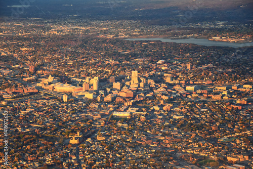 Obraz na płótnie Providence, Rhode Island, fall at sunset from Airplane, Aerial, Downtown USA city skyline on the Providence River. w salonie
