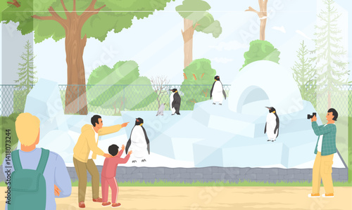 Visitors gather around an icy habitat to witness penguins waddling and swimming. A child eagerly points at the animals while adults take pictures, creating joyful memories.