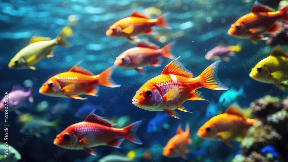 A vibrant underwater scene featuring a line of colorful tropical fish swimming in shallow water A vibrant underwater scene featuring a line of colorful tropical fish swimming in shallow water