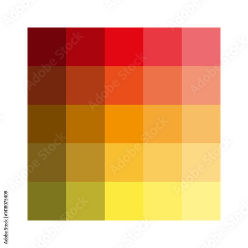 Color tile palette. Warm tone blocks. Yellow red gradient. Vector swatch sample.