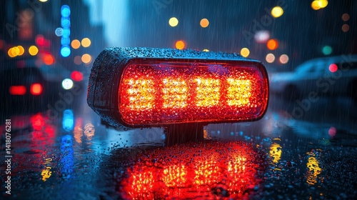 Rain-slicked emergency light on a dark night