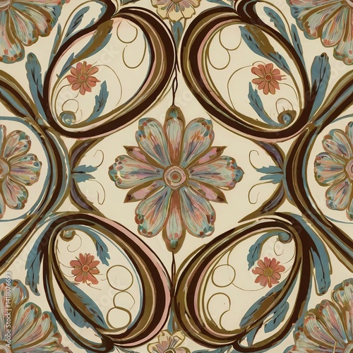 Seamless vintage floral pattern with ornate gold decoration and leaf elements for textile design