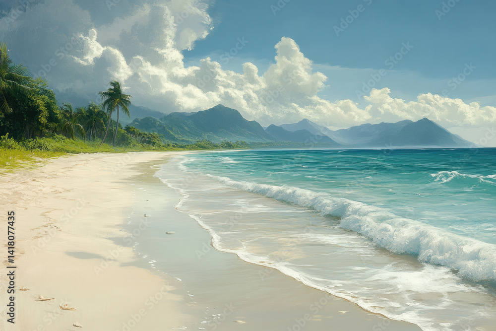 Fototapeta premium A beach painting with a distant mountain backdrop, capturing serene coastal beauty.