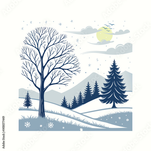 Winter Landscape with Snowy Hills, Bare Trees, and Pine Forest under Moonlight.