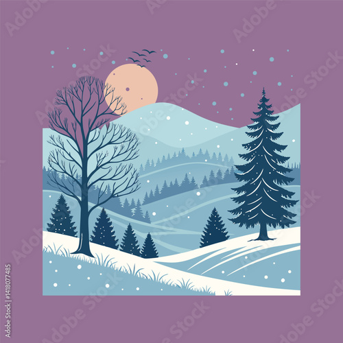 Winter Landscape with Snowy Hills, Bare Trees, and Pine Forest under Moonlight.