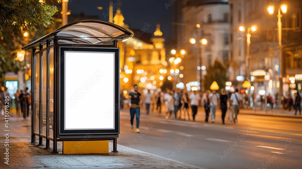 City street at dusk. Bus stop with empty ad space, people walking by