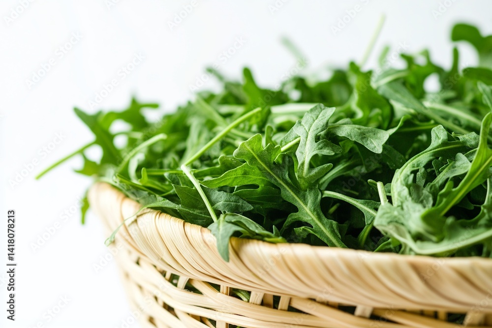 Fresh arugula leaves in a woven basket, showcasing vibrant greens against a neutral background Fresh arugula leaves in a woven basket, showcasing vibrant greens against a neutral background