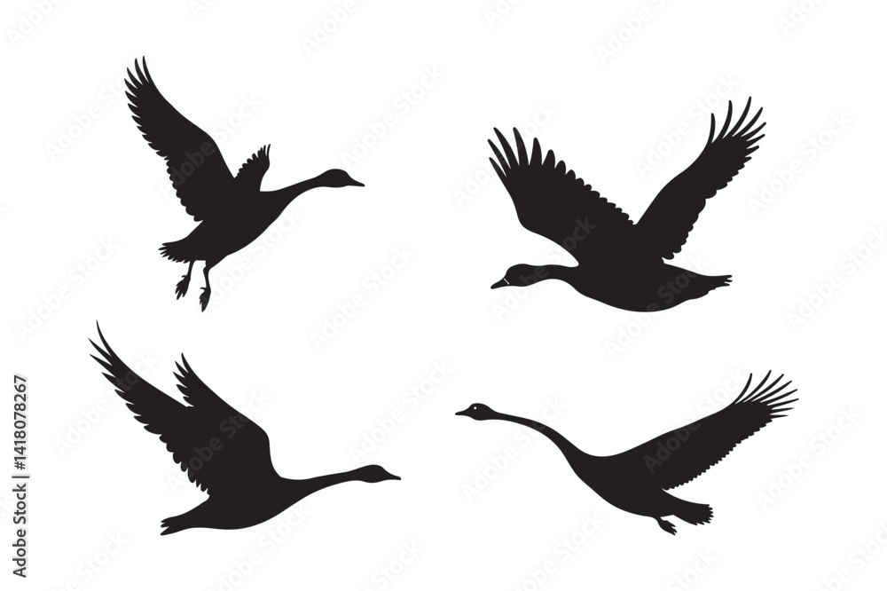 Obraz premium Flying Goose Silhouette Vector Set Wild Bird Clipart in Flight
