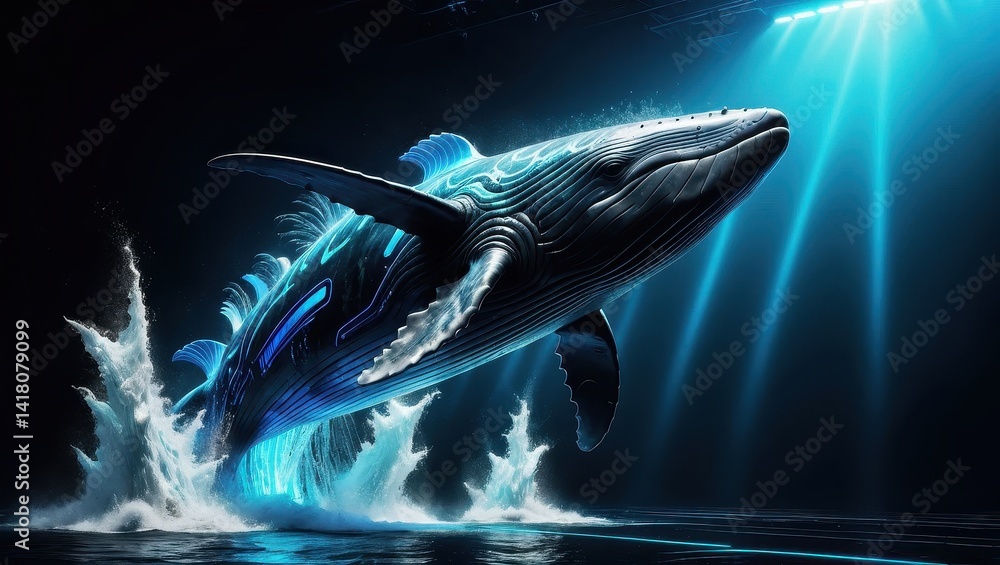 Whale leaps in vibrant underwater scene
