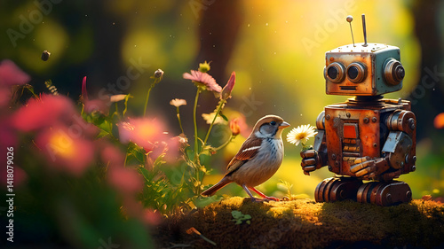 Robot and bird enjoying nature together in spring