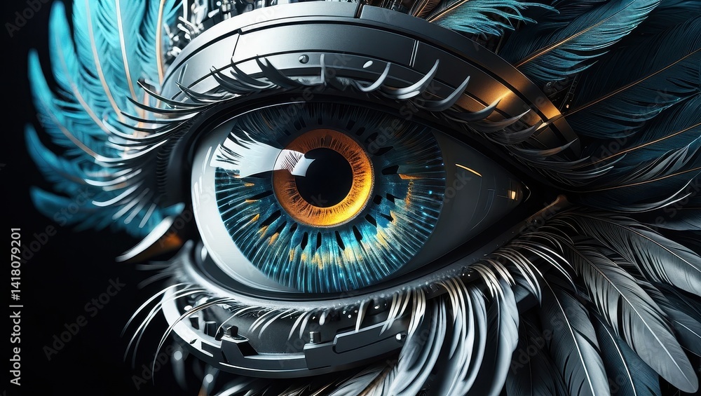 Futuristic eye, mechanical wings