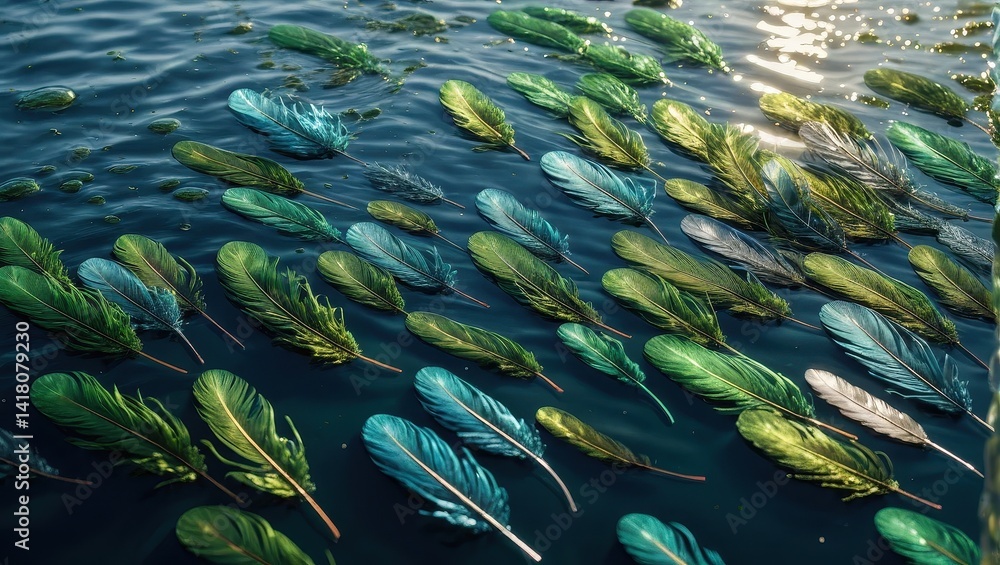 Colorful feathers floating on water