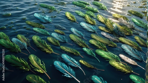 Obraz na płótnie Colorful feathers floating on water w salonie