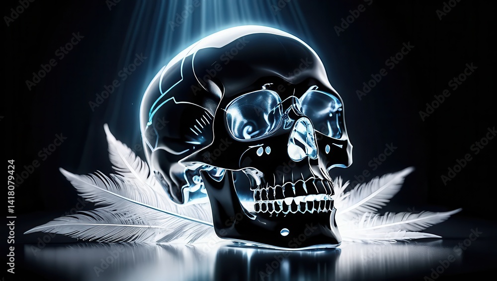 Skull with feathers, futuristic aesthetic