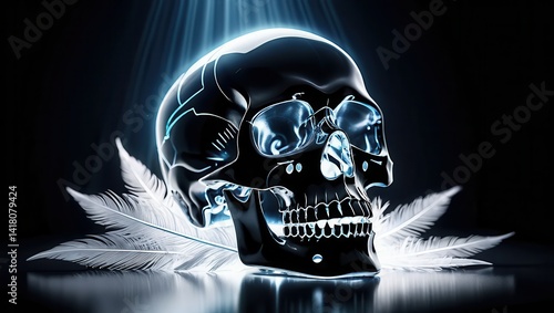Skull with feathers, futuristic aesthetic