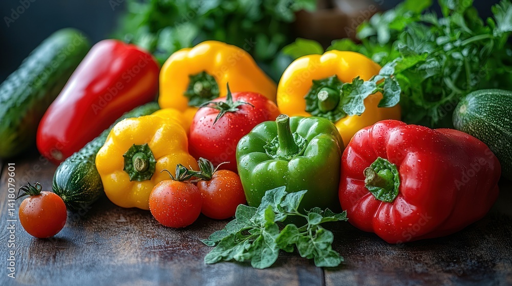 Colorful vegetables on rustic wooden surface, fresh herbs in the background Colorful vegetables on rustic wooden surface, fresh herbs in the background
