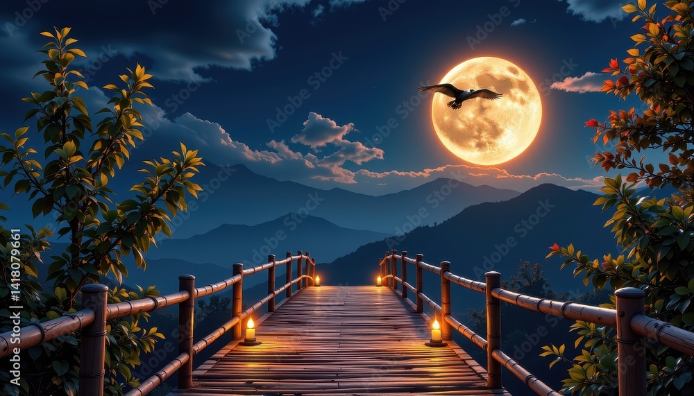 Nighttime wooden bridge, moonlit landscape