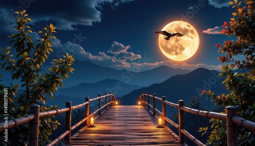 Obraz na płótnie Nighttime wooden bridge, moonlit landscape w salonie