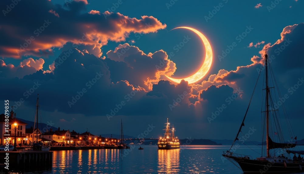 Night moon over harbor town