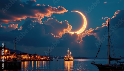 Obraz na płótnie Night moon over harbor town w salonie
