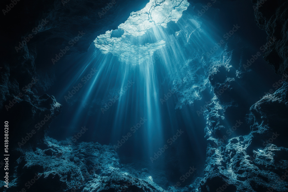 Obraz premium Sunlight shines through water into cave, illuminating rocky walls and creating a serene, natural glow.