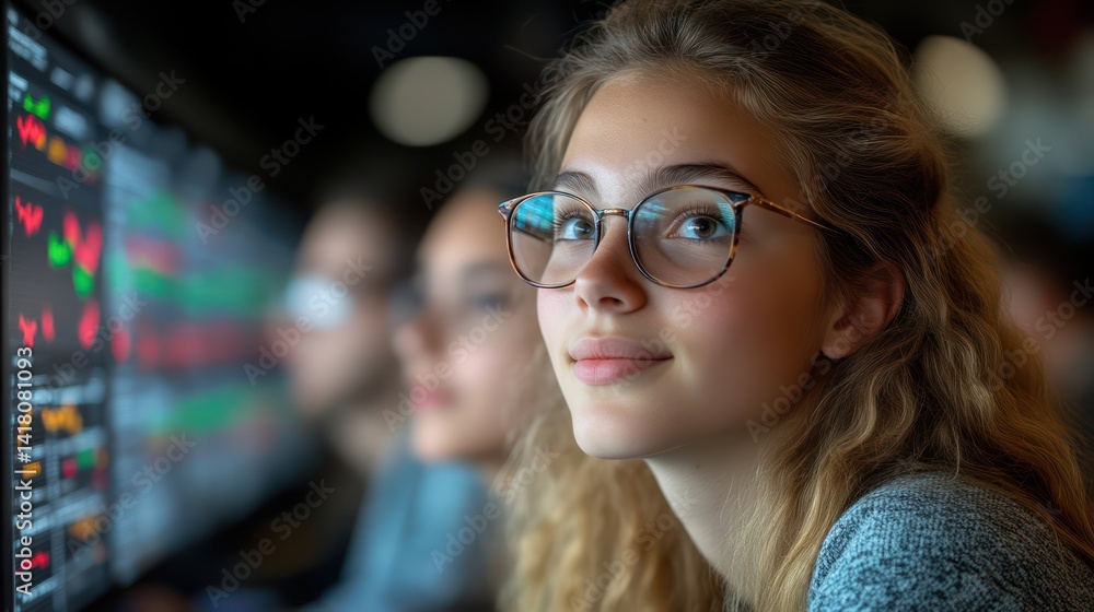 A young professional analyzing financial data on a computer screen wearing glasses and focused A young professional analyzing financial data on a computer screen wearing glasses and focused