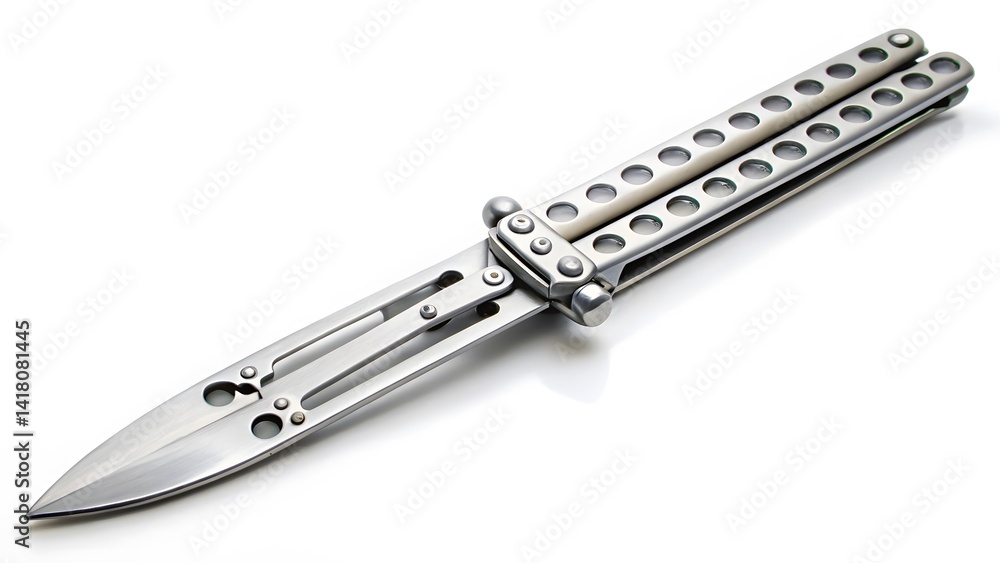 Butterfly Knife, Silver, Open, Studio Shot Butterfly Knife, Silver, Open, Studio Shot