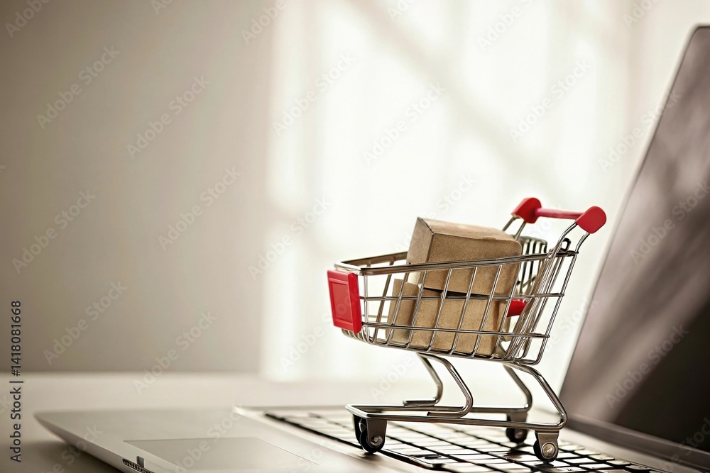 Online Shopping Concept with Mini Cart and Packages on Laptop Online Shopping Concept with Mini Cart and Packages on Laptop