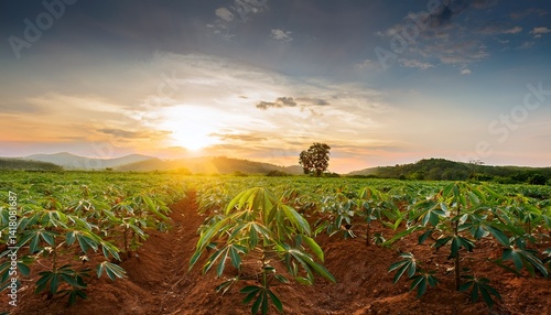 cassava tree in farm and sunset