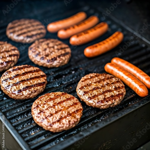 Burgers and hot dogs cooking on a BBQ grill.jpg