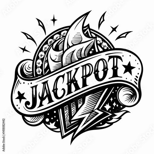 Monochrome Tattoo Style Jackpot Design with Stars and Flames