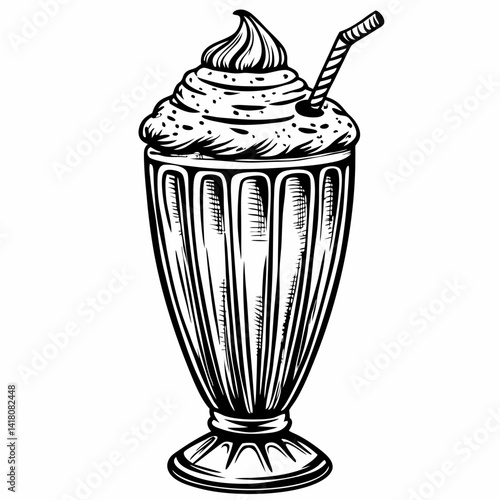 Vintage Milkshake Illustration with Whipped Cream and Straw in Retro Glass