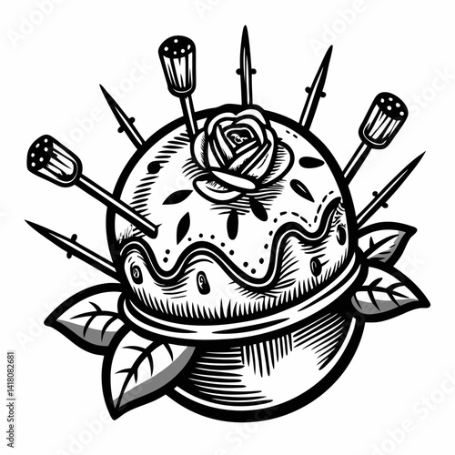 Vintage Pincushion with Needles and Rose Illustration