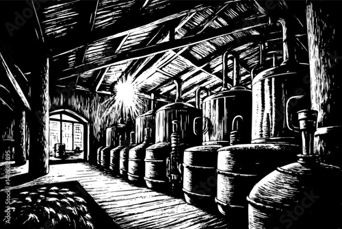 Vintage Distillery Illustration Rustic Black and White Sketch of Industrial Interior