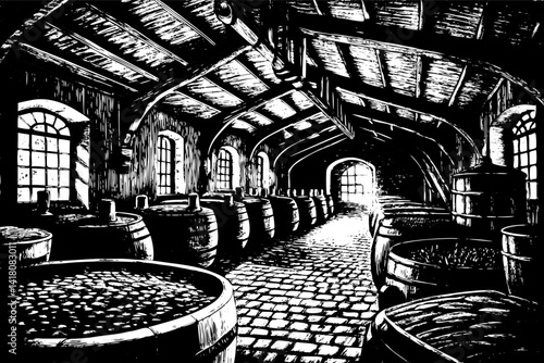 Rustic Wine Cellar with Wooden Barrels in Vintage Black and White Illustration